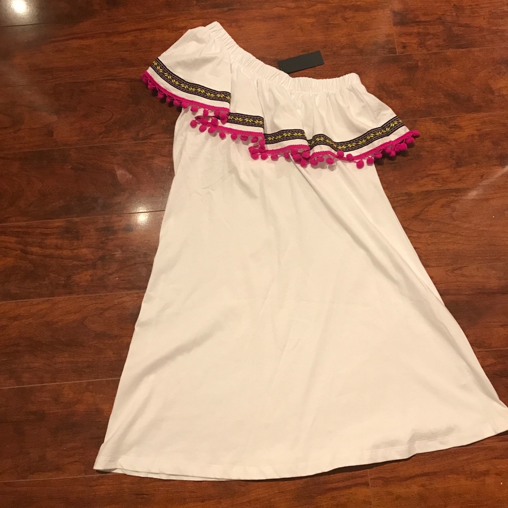One Shoulder Dress with Ruffle & Pom Poms