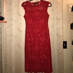 Red lace overlay dress.