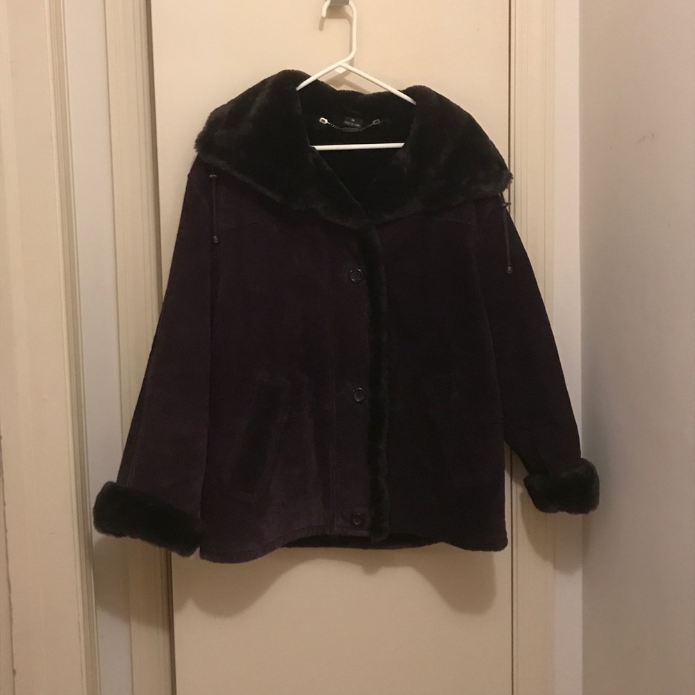 Vintage 1990s Purple Suede Coat with Black Faux Fur Lining