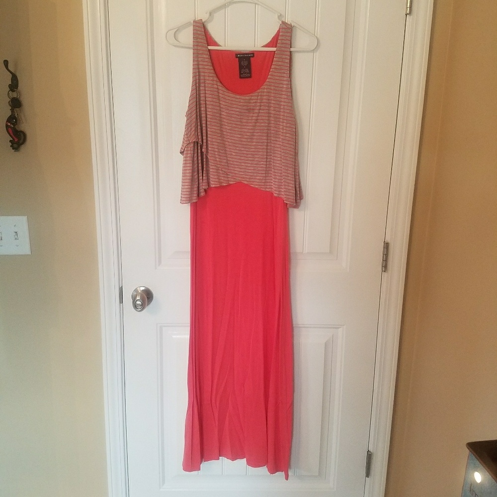 Coral and Grey Stripe Maxi Dress