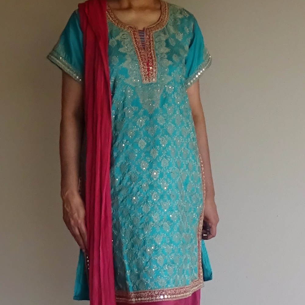 Teal Blue & Brick Red Salwar Kameez