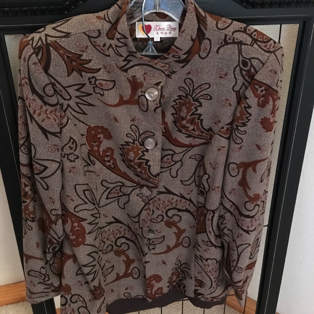 LUXURIOUS AUTUMN JACKET IN RUSSET JACQUARD PALLET METALLIC THREADS SZ M LIKE NEW