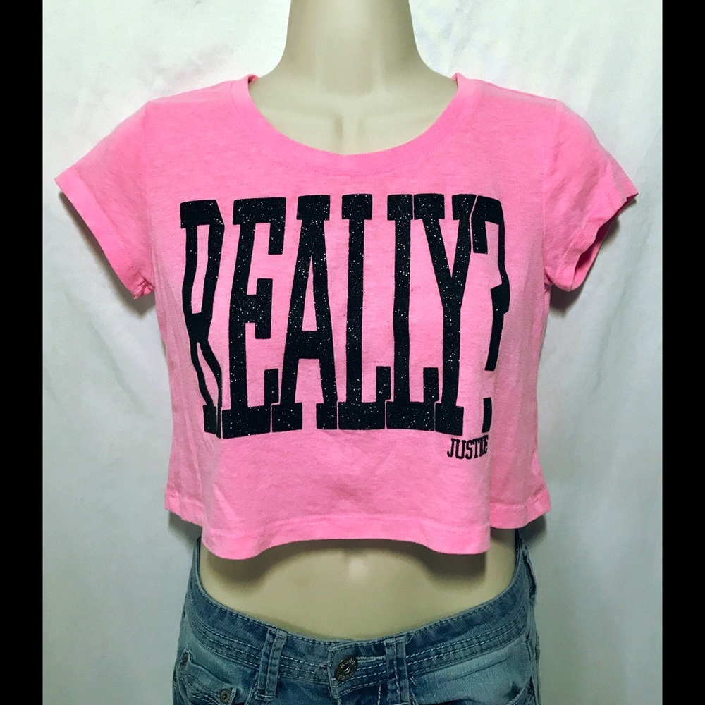 Justice NWOT pink crop top, REALLY? black glitter