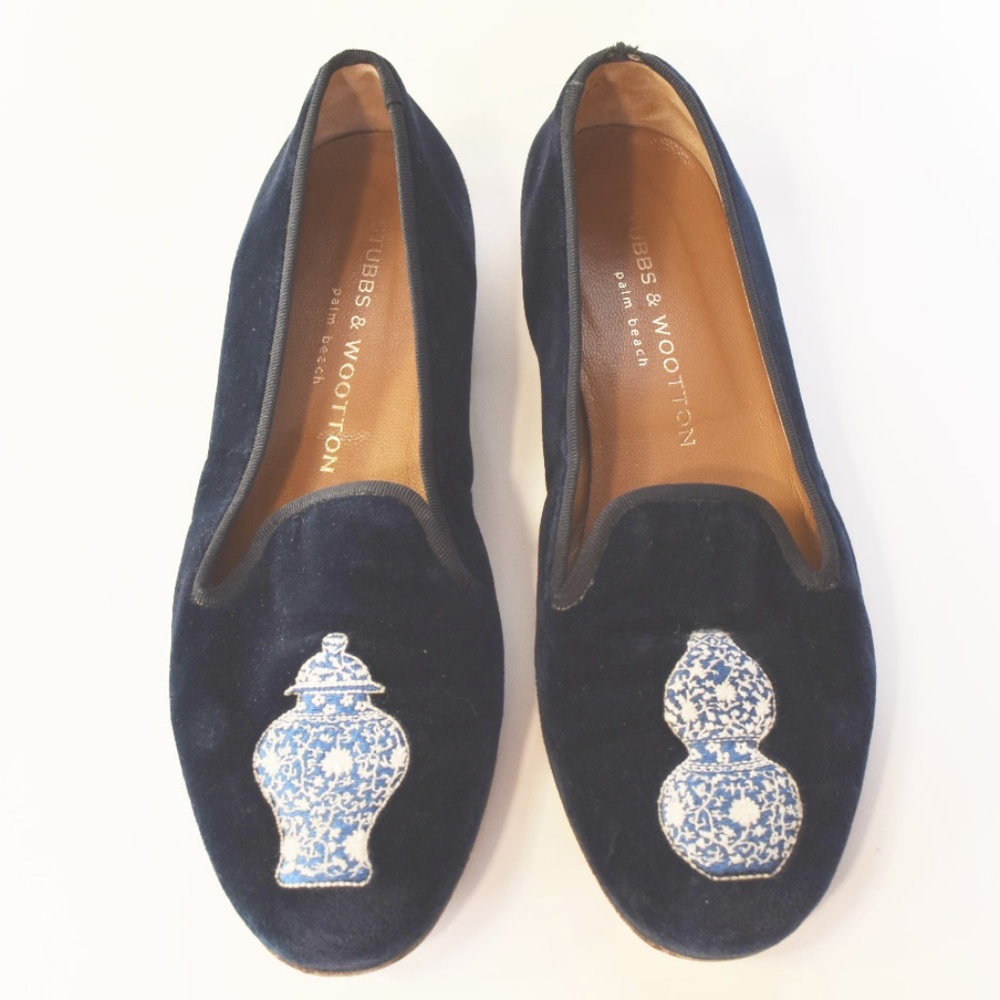 6.5 Stubbs & Wootton Navy Blue Velvet Slippers