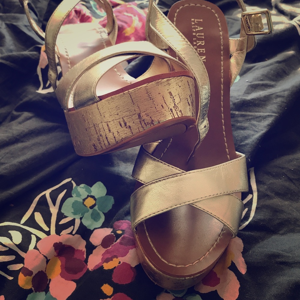 Gorgeous gold cork platform sandals! NEVER WORN!