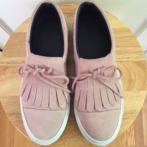Pink suede slip-on with white outer sole
