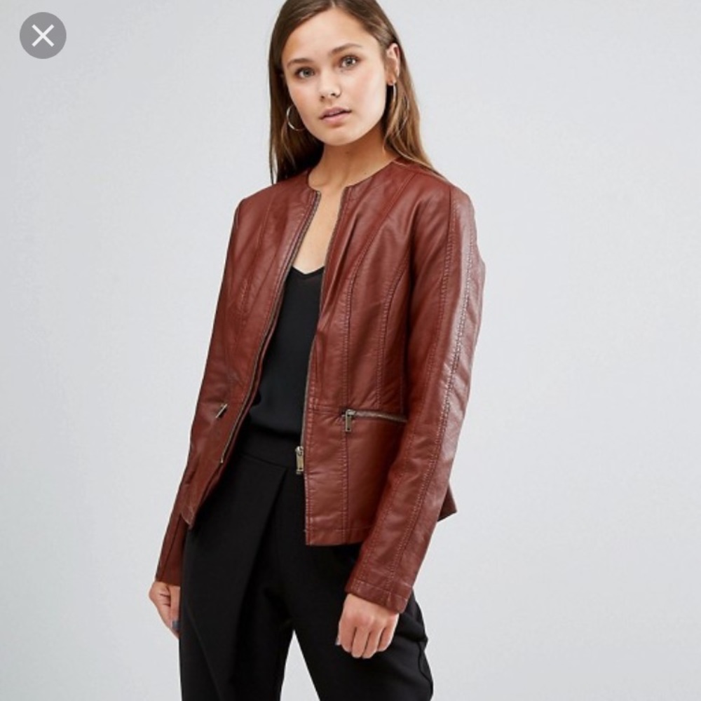 Oasis Faux Leather Collarless Jacket (Brown)