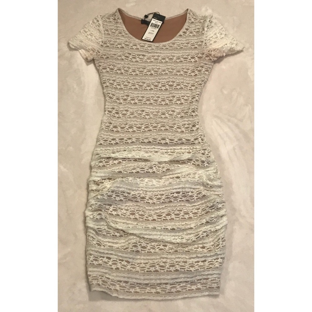 BCBG White Lace Ruched midi dress