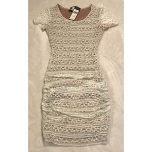BCBG White Lace Ruched midi dress