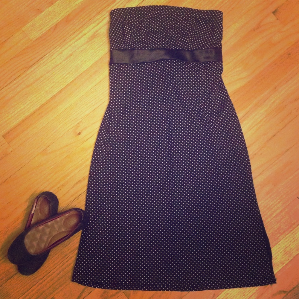 Strapless black polka dot dress