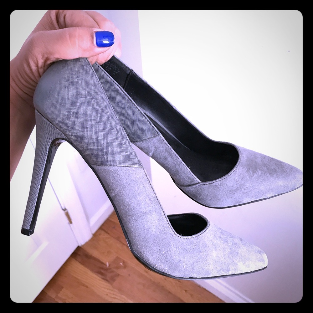 Grey mixed material textures and sued heels
