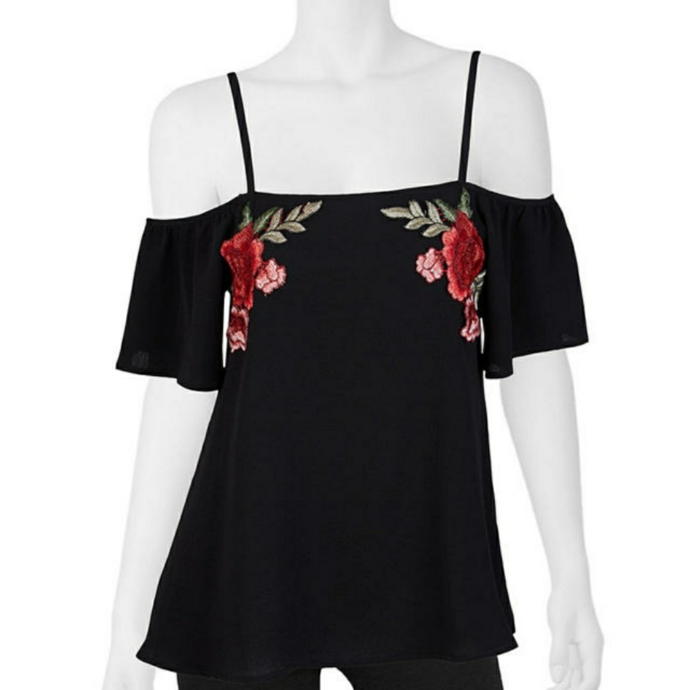 A. Byer Cold Shoulder Embroidered Rose Top