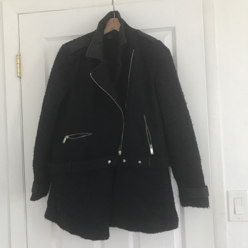 Zara navy military coat black leather trims l
