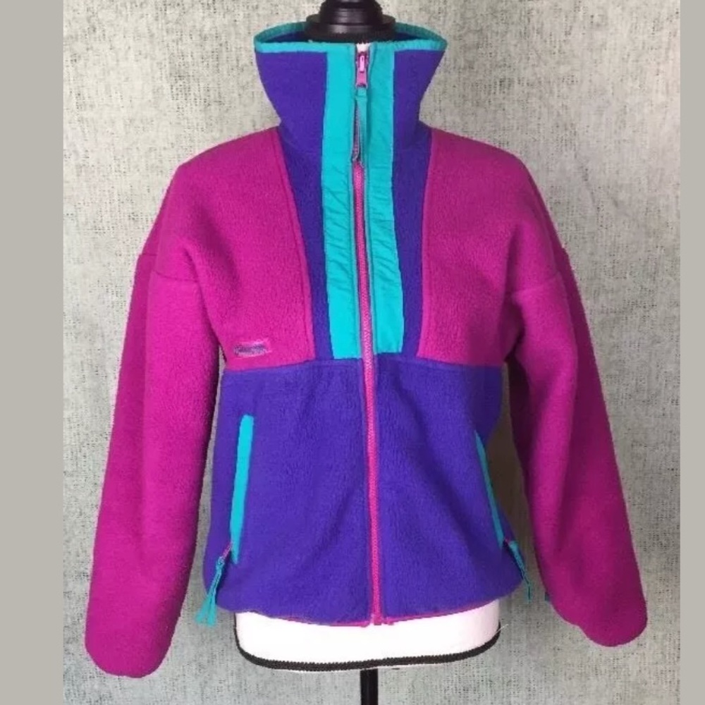 Vtg 80s Columbia Colorblock Fleece Coat Jacket