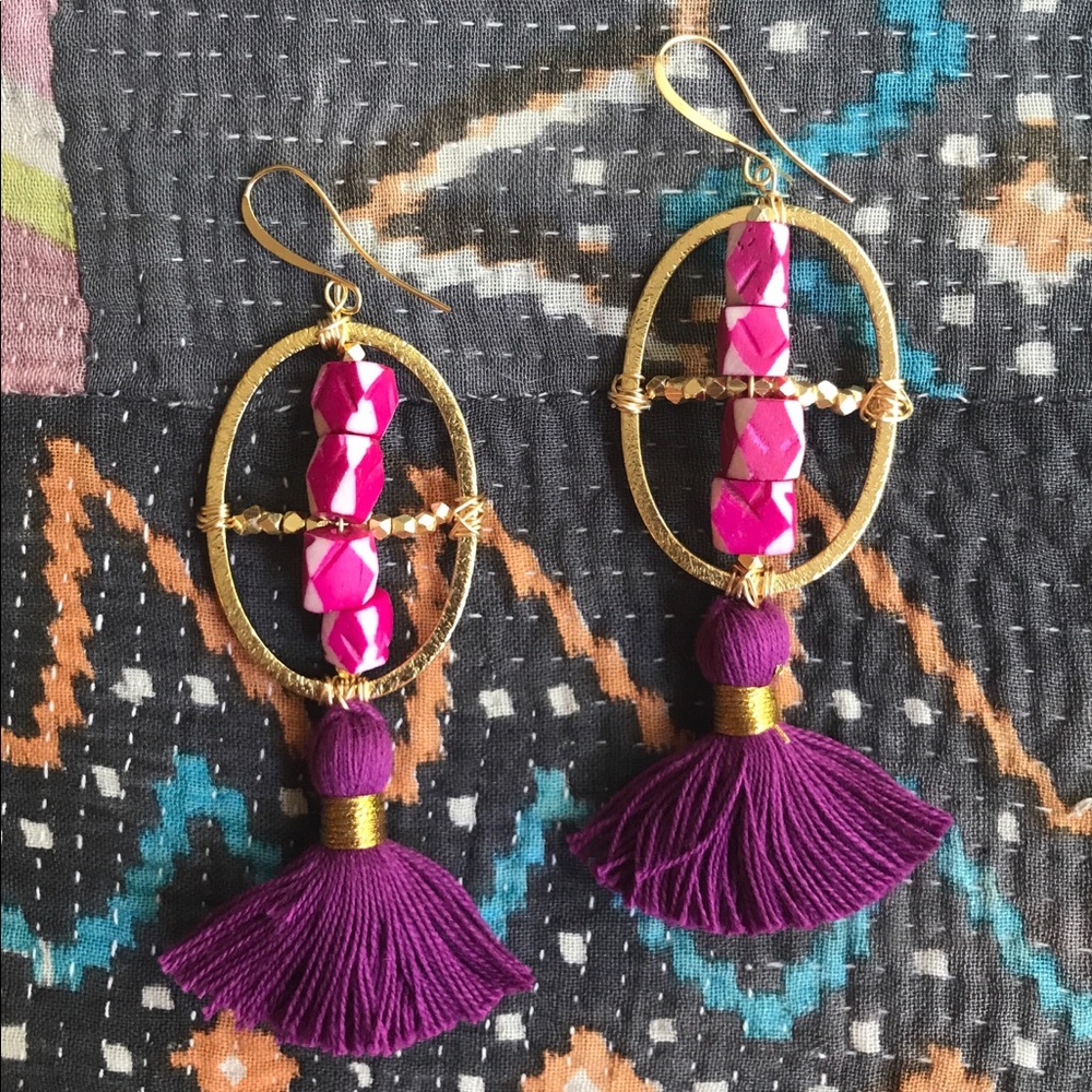 Acai Earrings - tassel, argyle bone beads, pyrite