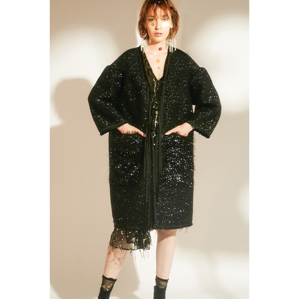 Rimless Glitter Fringe Coat Black S