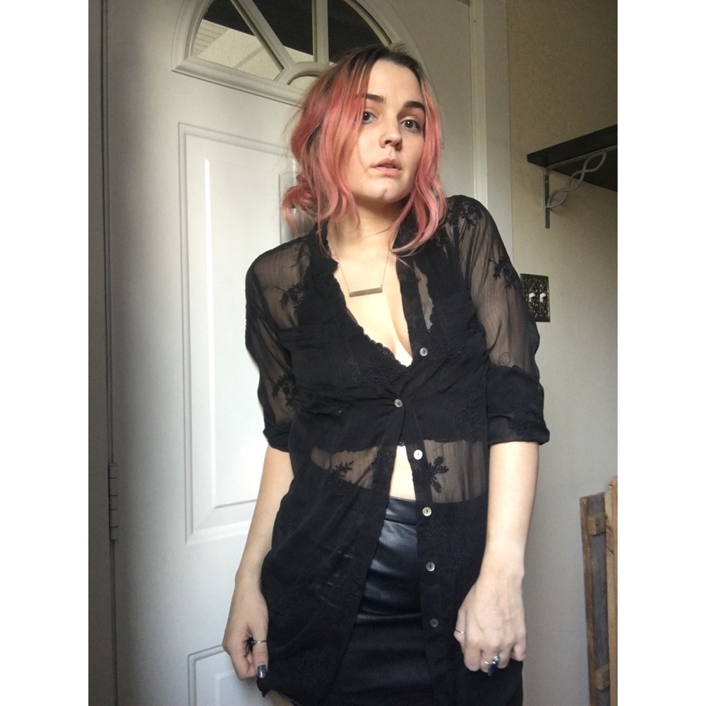 Sheer Embroidered Button-Up Top