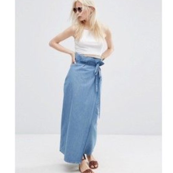 denim wrap maxi skirt