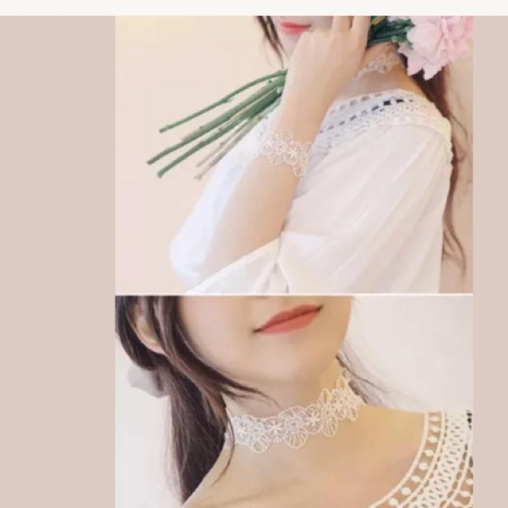 White Lace Embroidered Choker Necklace & Bracelet