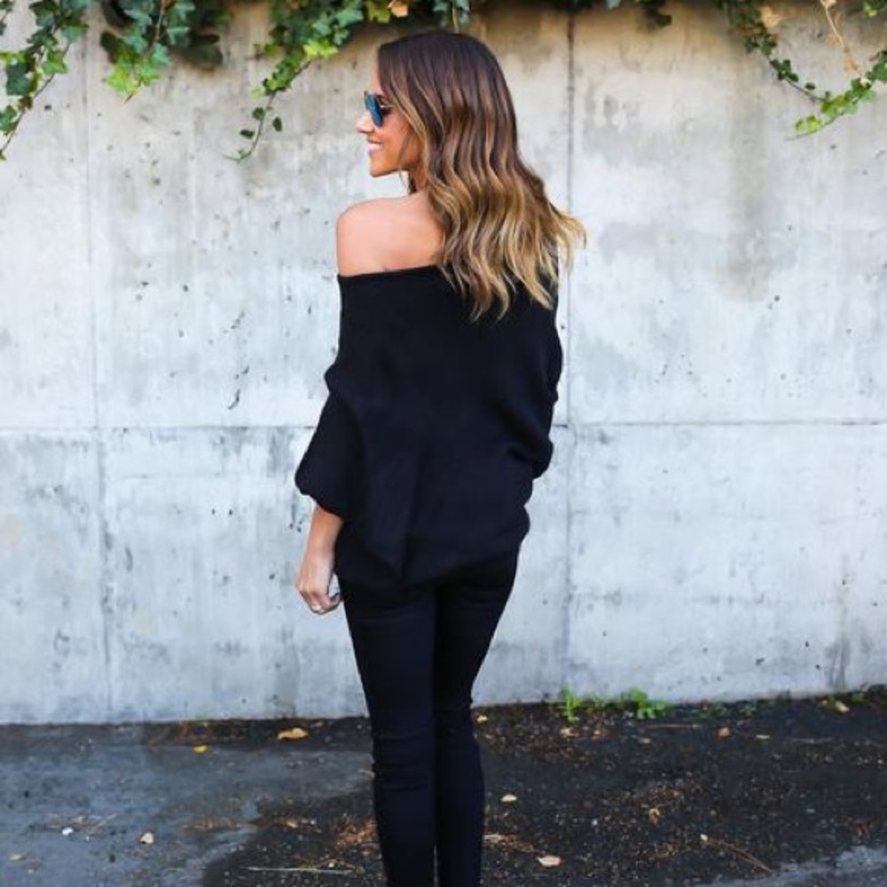 Slouchy Off Shoulder Loose Ribbed Knit Sweater Top - Picture 2 of 4