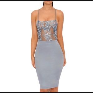 NWT SHEER EMBELLISHED FLORAL SATIN DRESS IN GREY