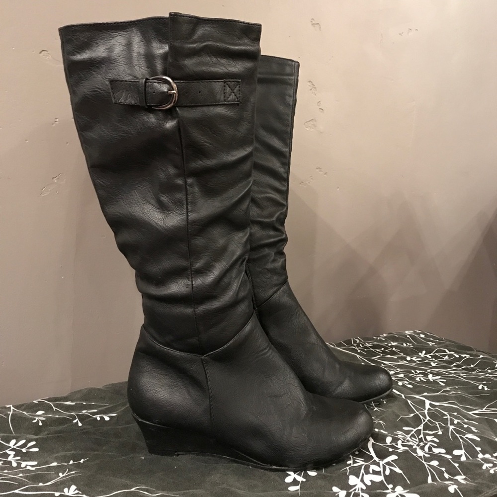 Tall Black Mini Wedge Boots