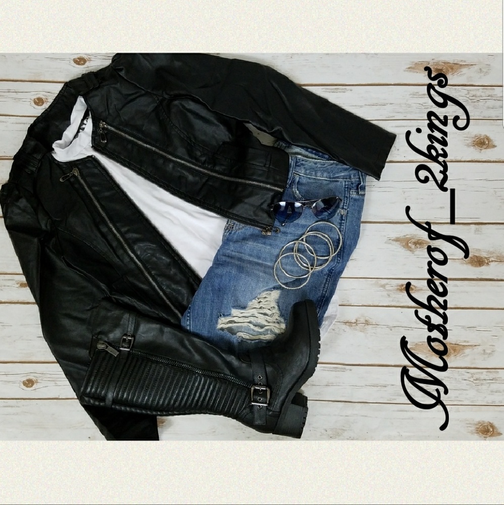 ♠️ BLACK VEGAN LEATHER MOTO JACKET - Picture 5 of 5