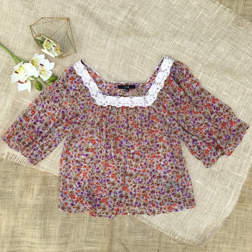 Forever 21 Top Boho Floral Sheer Blouse