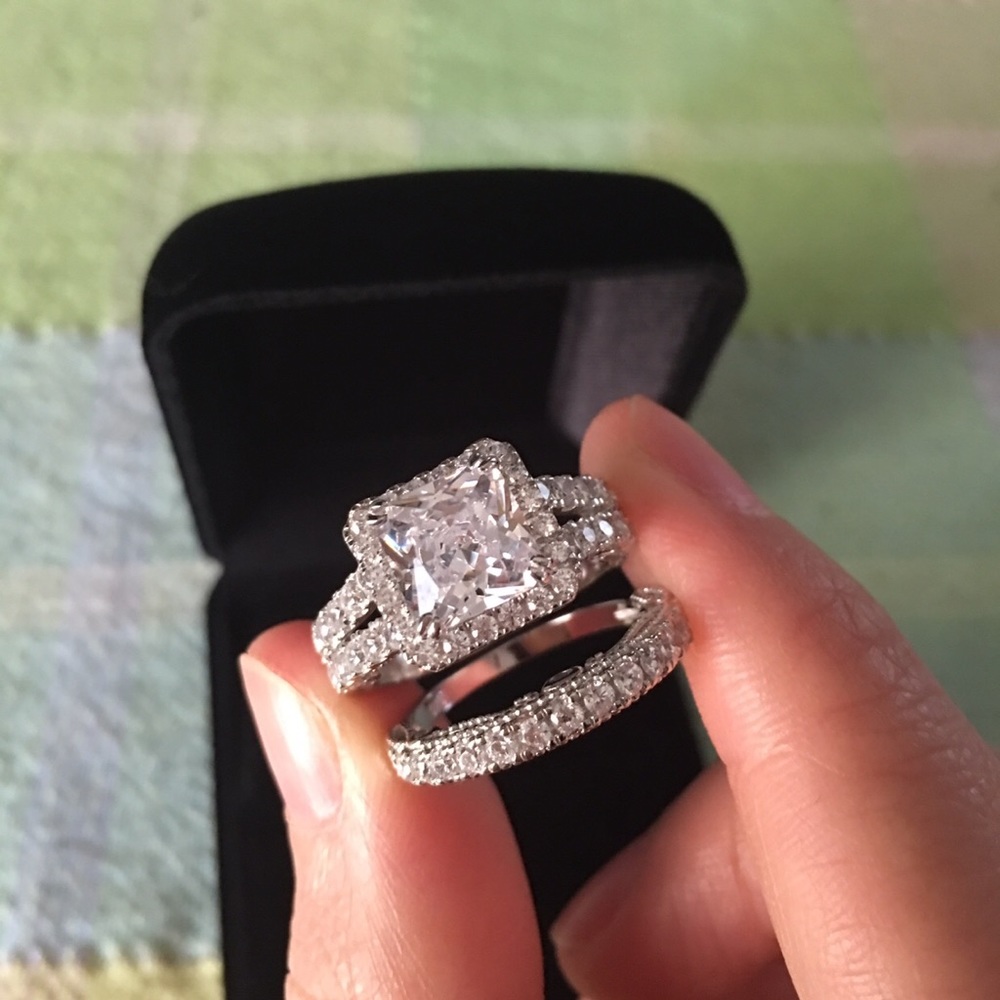 2pcs Pure 925 silver engagement ring wedding band