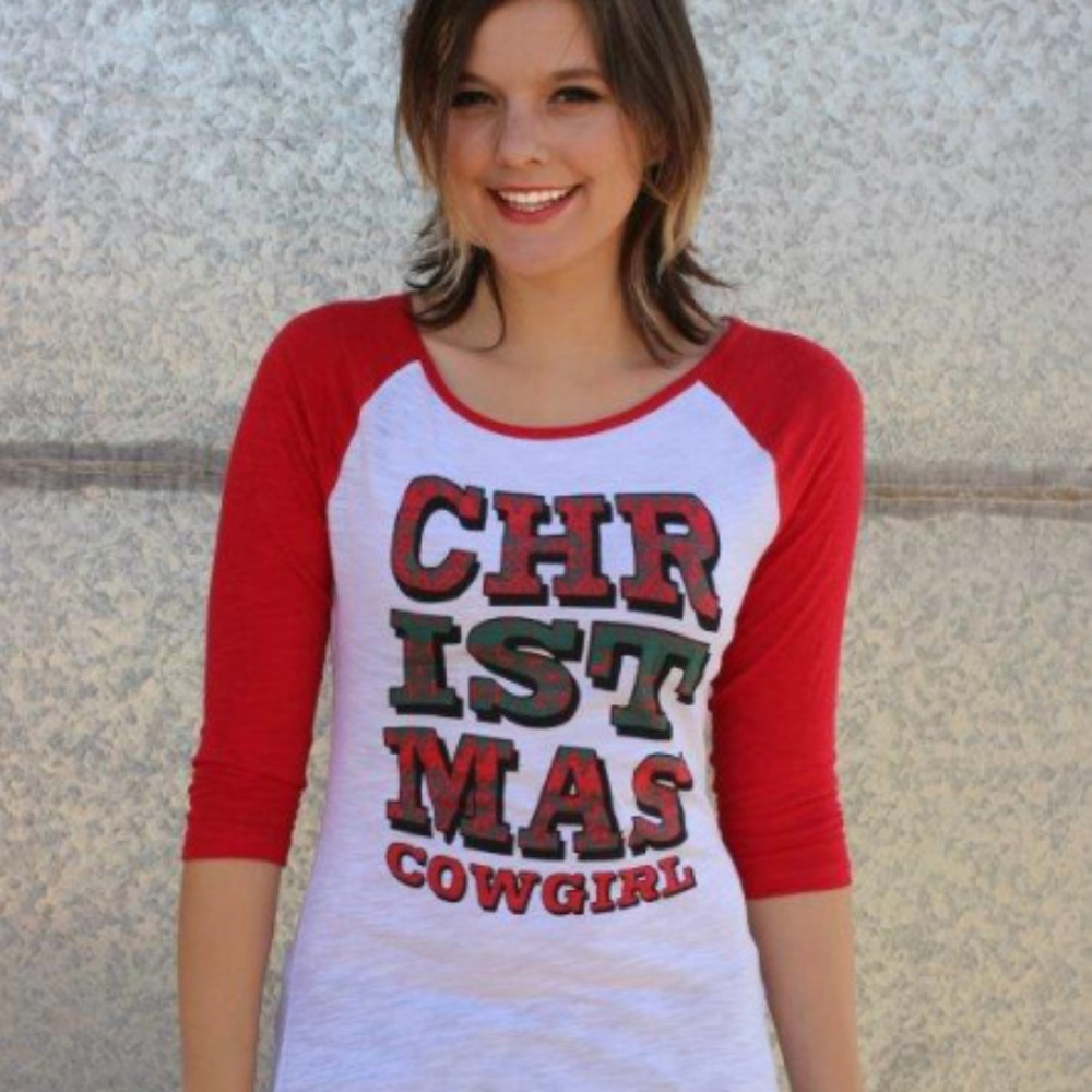 Christmas Cowgirl Raglan Baseball Burnout Tee