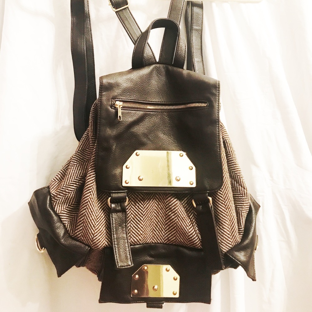 Brown herringbone tweed fashion backpack for Fall