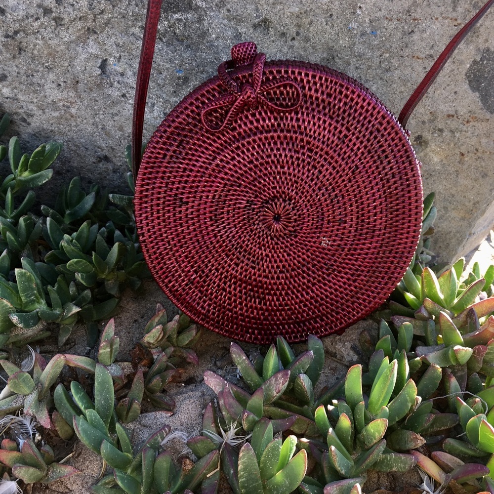 Red Round Rattan Bag with Batik Fabric Interior