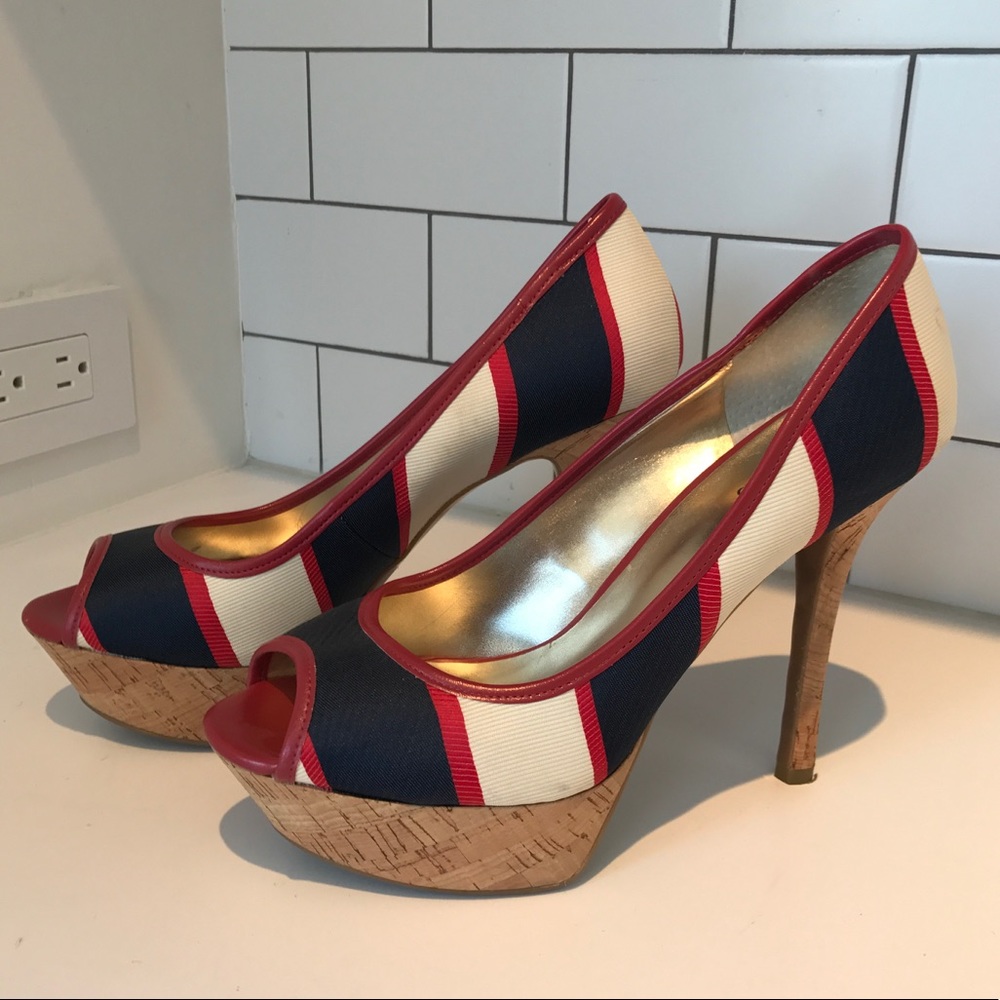 Peep toe navy white & red heels