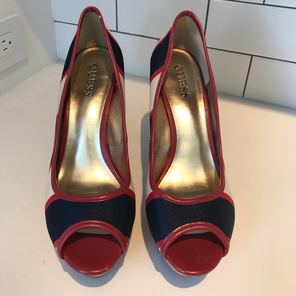 Peep toe navy white & red heels - Picture 2 of 7