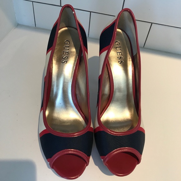 Peep toe navy white & red heels - Picture 7 of 7