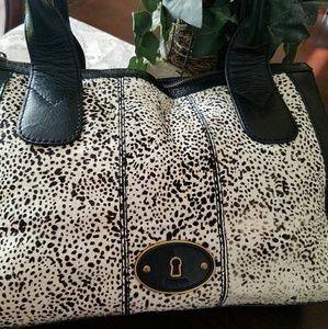 Large Fossil Satchel Black Animal Print Bag
