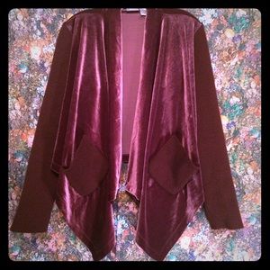 Plum velvet & ribbed knit drape front cardigan Plum velvet & ribbed knit drape front cardigan