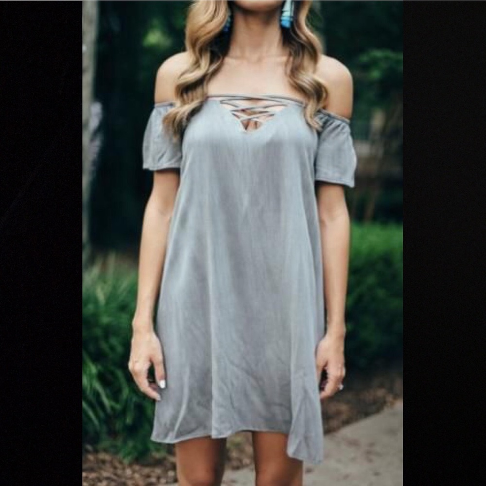 Charcoal Lace Up Off Shoulder Midi Dress - Picture 1 of 2