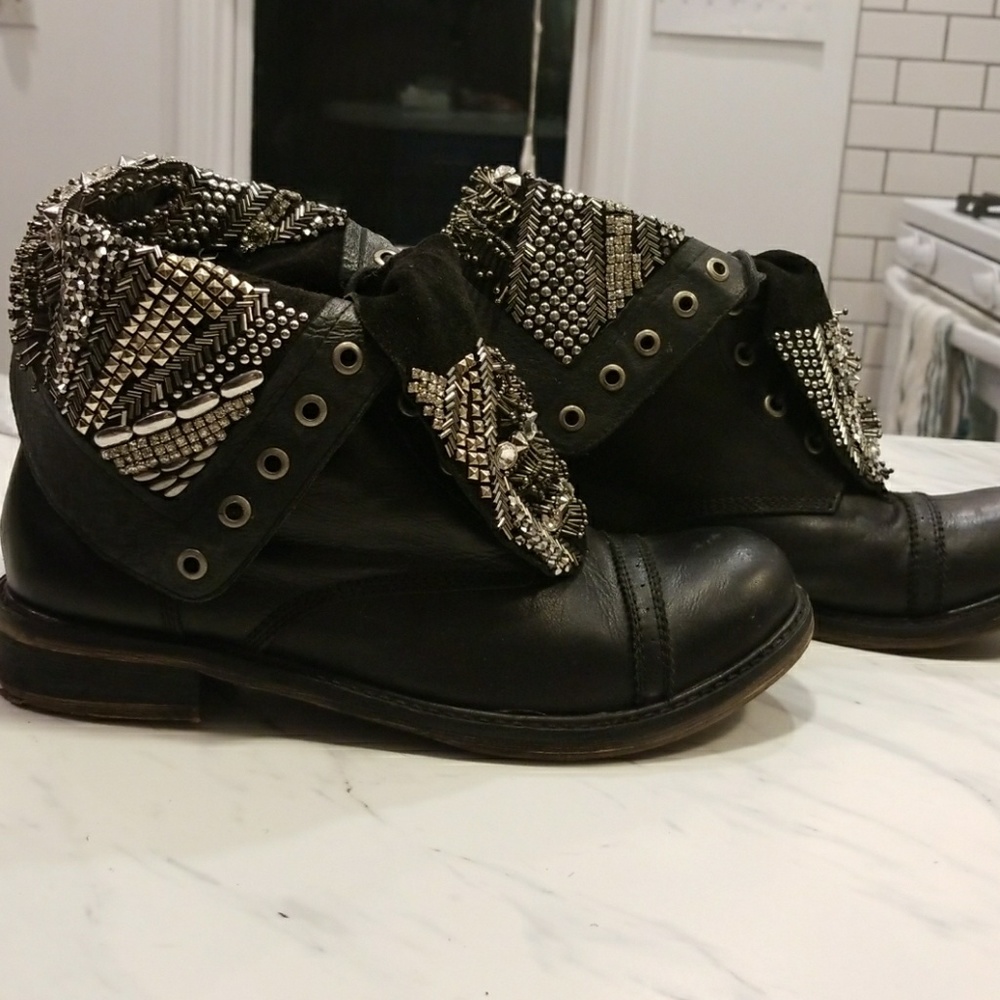 Rhinestone Leather Combat Boots