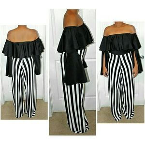 Ruffled Off the Shoulder Striped Jumpsuit