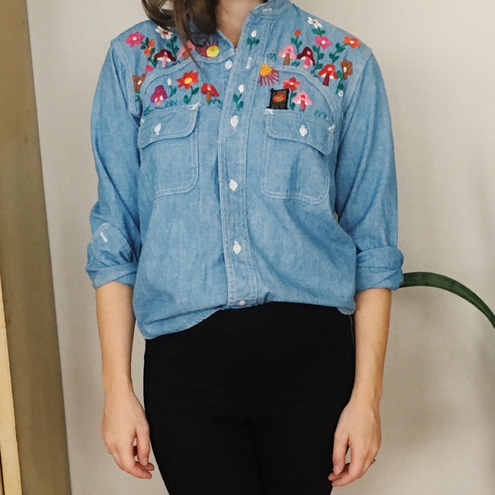 Embroidered denim button up