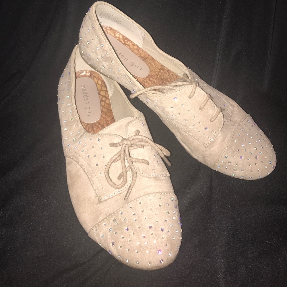 Taupe 'Madden Girl' oxford flats w/rhinestones