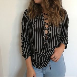 Striped long sleeve lace up shirt
