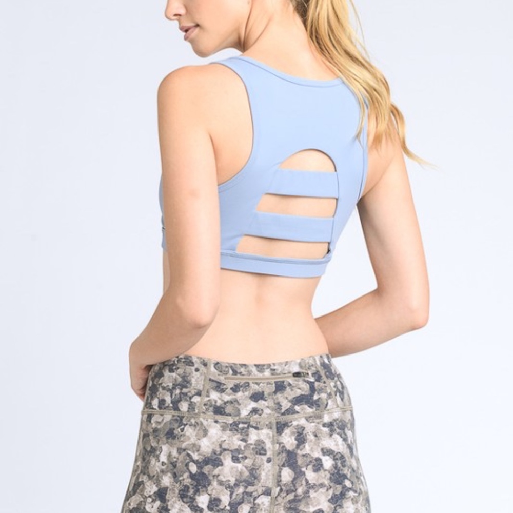 Mono B blue sports bra ladder back caged look