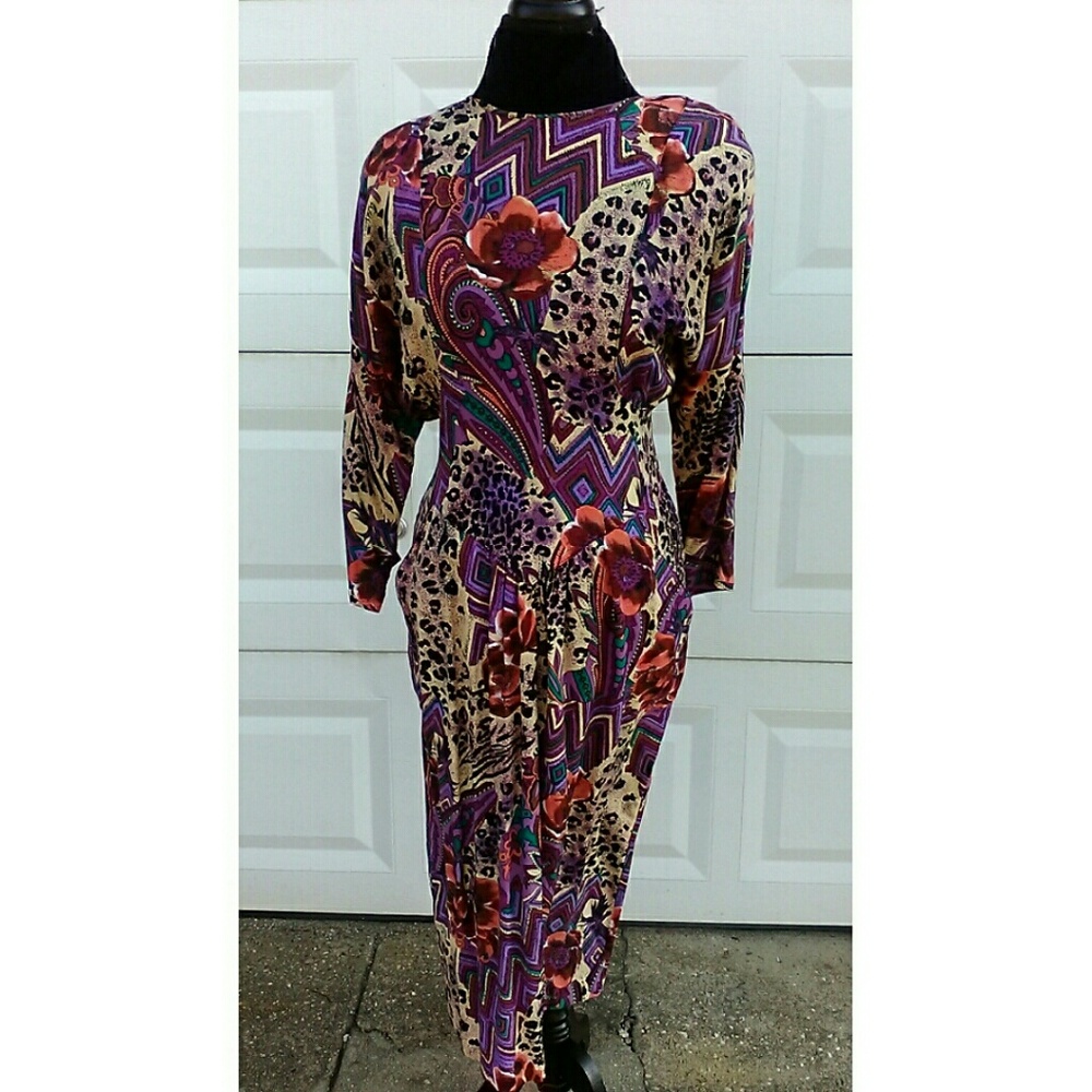 Multi Print Dress With Button Down Back With Slit