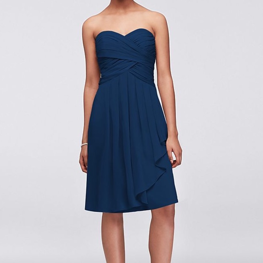 Navy Strapless Crinkle Chiffon Dress