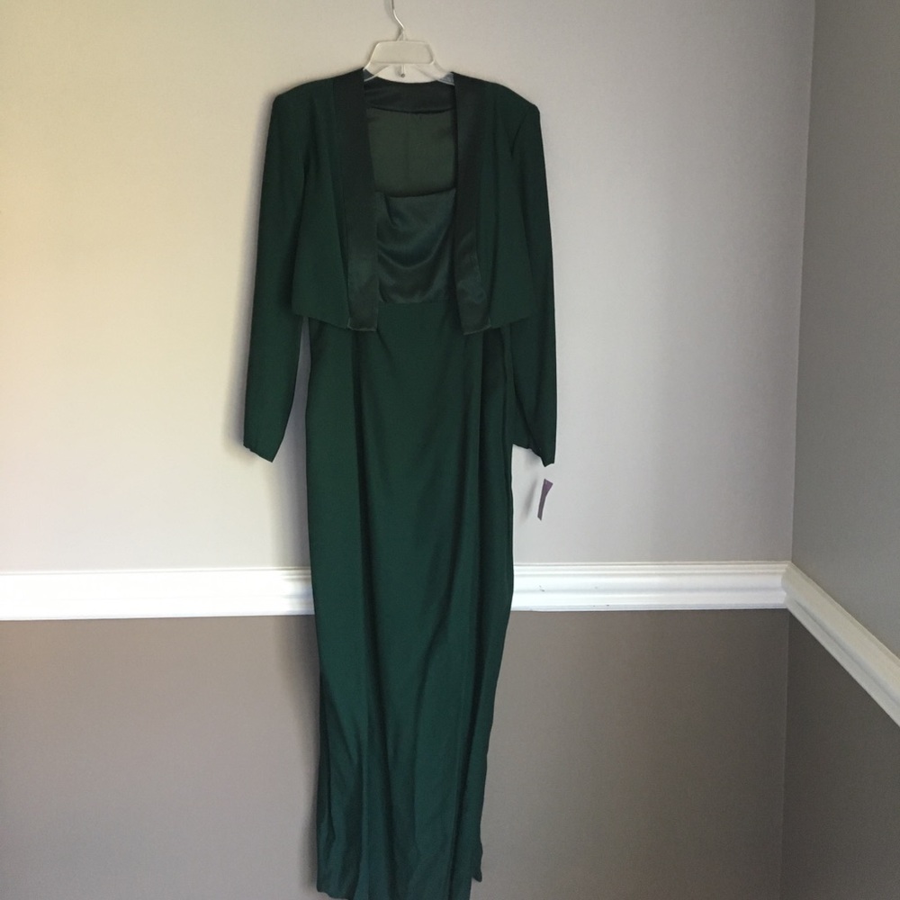 Hunter green crepe and satin formal gown with bolero jacket