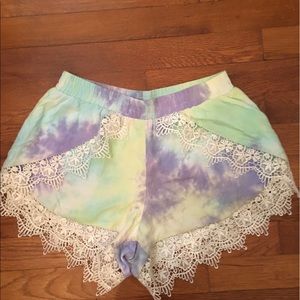 Tobi tie dye shorts with lace trim