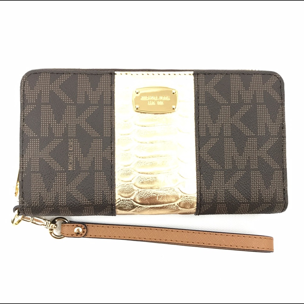 Michael Kors Wallet Wristlet Brown Gold Logo New Card Holder