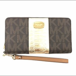 Michael Kors Wallet Wristlet Brown Gold Logo New Card Holder